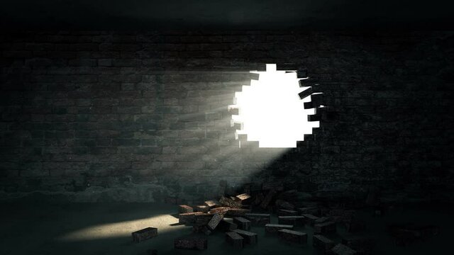 Dark Room with broken brick wall with sunlight rays