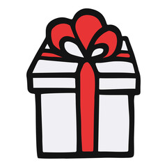 White gift box with red ribbon hand drawn doodle illustration