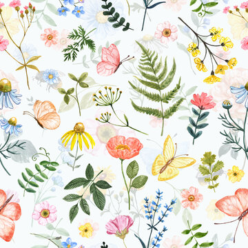 Watercolor cute wildflowers seamless pattern. Summer flowers, leaves, herbs, butterflies on pastel blue background. Floral wallpaper.
