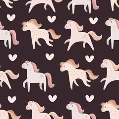 seamless pattern with cartoon unicorns, hearts, elements. Magic. Colorful vector flat style for kids. Animals. hand drawing. baby design for fabric, print, wrapper