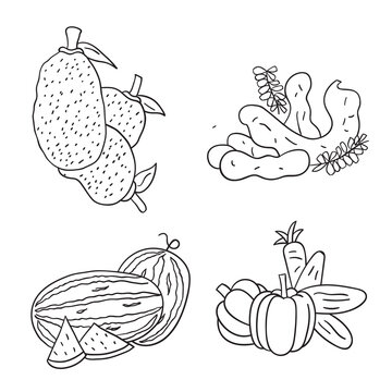 set of fruits Coloring page design black and white vector illustration