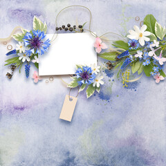 Obraz na płótnie Canvas Decorative frame in scrapbook style with blue background. Summer or spring flowers. Summer memory photo album. Spring frame for photo with pink and blue flowers. Postcard in digital scrapbooking style