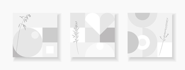 A set of covers in gray and white colors with geometric shapes and field grass. Modern design for web screensavers in an ultra modern style.