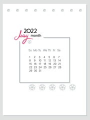 May month. Calendar 2022 year. Calender layout with flowers decor. Week starts Sunday. Vertical calendar page for weekly planning, organizer. Planner template. Vector illustration.