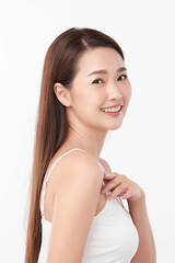 Beautiful young asian woman with clean fresh skin on white background, Face care, Facial treatment, Cosmetology, beauty and spa, Asian women portrait.