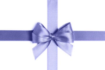 Very peri satin ribbon with bow isolated on white.