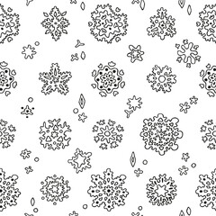 Abstract white and black background. Seamless pattern. Wrapping, fabric swatch for the Christmas eve. Textile with snowflakes. Winter wallpaper print. Snowing doodle gift paper. New year vector. 