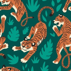 Hand drawing Doodle Freehand Tiger in Jungle Square Seamless Pattern. Use for poster, textile, fabric, design, pattern, shop, illustration
