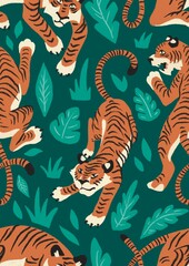 Hand drawing Doodle Freehand Tiger in Jungle Vertical Seamless Pattern. Use for poster, textile, fabric, design, pattern, shop, illustration