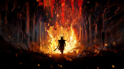 Evil knight in a horned helmet slowly walks with a curved sword through a burning ruined city with black Gothic buildings. Debris of ruins with flying ashes and sparks is everywhere 2d oil art