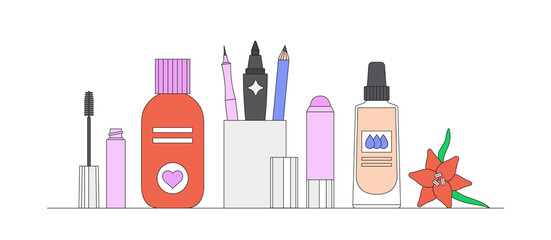 Vector illustration with beauty products, tropical flower and candle. Online shopping, Korean cosmetics. Daily beauty routine. Can be used be used in articles, banners, social media publications etc.