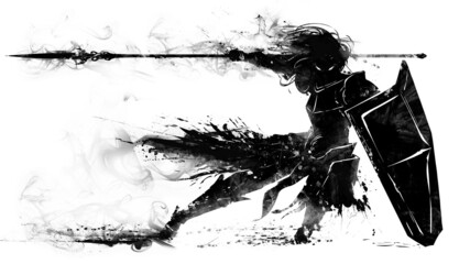 Fototapety  The black silhouette of a fierce agile knight in plate armor with a shield and a sword in his hands, he makes a sharp jerk to the side, dodging the same looking with burning eyes 2d blob art