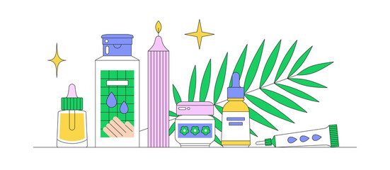 Banner with still life with beauty products, tropical leaf and candle. Skin care and self care concept. Online shopping. Korean cosmetics. Daily beauty routine. Vector illustration.