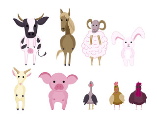 Farm animals set isolated on white background. Cute cartoon character - sheep, cow, horse, pig,  goose, chicken, horse, bunny. Vector flat design illustration
