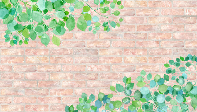 ナチュラルなレンガの壁を背景にした新緑の水彩イラスト。春のボタニカル装飾フレーム。背景、壁紙。