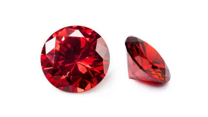 Gordijnen Red Ruby gemstone Round Cut isolate on white background, close up shot © byjeng