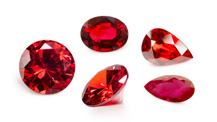 Set of red Ruby gemstone isolate on white background, close up shot