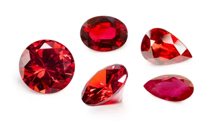 Fotobehang Set of red Ruby gemstone isolate on white background, close up shot © byjeng