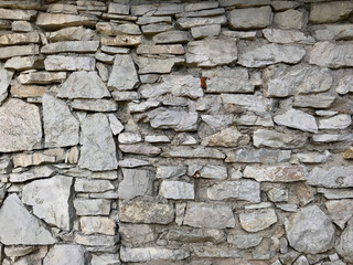 Old medieval stone wall along a street. Photo closeup of aged building made of grey stone masonry  outside on cityscape background. Horizontal seamless pattern. Stone fence texture for the background.