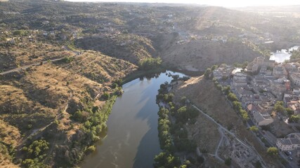 Nice aerial image of the city of Toledo, with the cathedral and the old town. River that surrounds the cid
