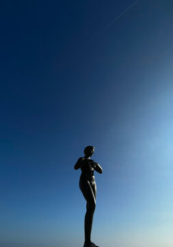 Statue in front of blue sky