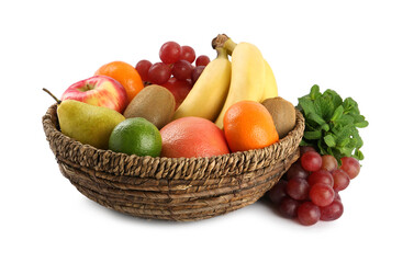 Fresh ripe fruits and wicker bowl on white background