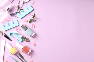 Concept of nail care with manicure accessories on pink background - obrazy, fototapety, plakaty
