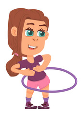 Girl with hula hoop. Waist spin toy. Fun child