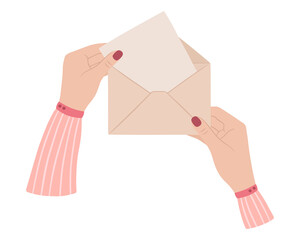 Women's beautiful hands hold a letter and an envelope.  Vector illustration in cartoon style. Hands with painted nails