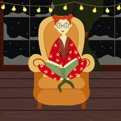 Girl in pajamas sits on armchair, read book. Snowing outside. Cozy Christmas room with garland. Flat vector illustration.