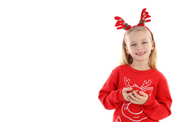 Little girl in Christmas clothes isolated on white background