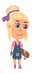 Cartoon girl with skateboard. Cute character. Child hobby