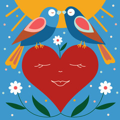 Romantic Love Birds Greeting Card for St Valentine's Day. A couple of kissing birdies with red heart in their paws. The brightest sun that lights up happy life every time. Blue sky spreads kindness.