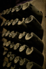 Vintage and dust champagne bottles in an old winery