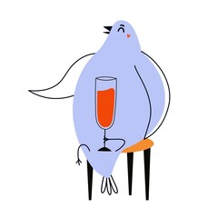 Vector illustration with sitting pigeon drinking wine. Funny party print design with animal - 475096527
