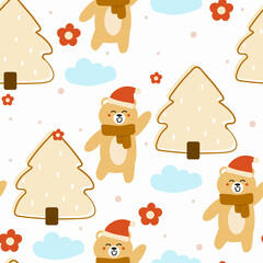 Seamless pattern cute cartoon of bear and tree. winter wallpaper for kids, fabric print and gift wrapping paper