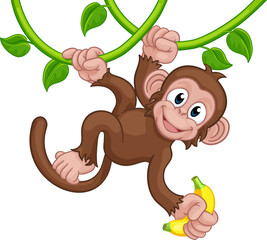Monkey Singing On Jungle Vines With Banana Cartoon