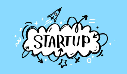 Vector illustration of cloud with word stratup and space ship. Business abstract decorative blue color background. Doodle line art style design with word stratup