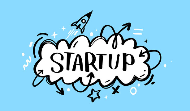 Vector illustration of cloud with word stratup and space ship. Business abstract decorative blue color background. Doodle line art style design with word stratup