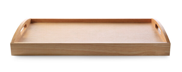 One empty wooden tray isolated on white - obrazy, fototapety, plakaty