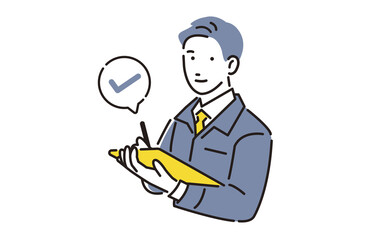 バインダーを持つ作業着の男性