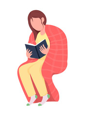 Girl wrapped in blanket with book semi flat color vector character. Sitting figure. Full body person on white. Lifestyle isolated modern cartoon style illustration for graphic design and animation