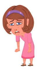 Girl with chickenpox. Ill kid with rush and measles. Sick child