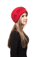 Naklejka premium Girl in a graceful red felt hat