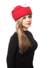 Girl in a graceful red felt hat
