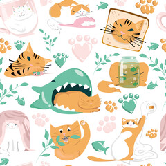 Vector seamless pattern with cats, tiger, pet, toys. Texture with cat illustration for fabrics, wallpapers, postcards