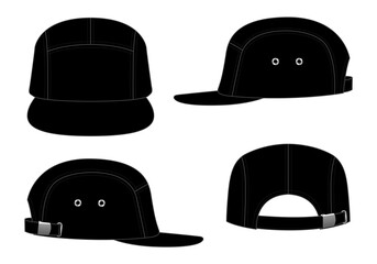 Blank Black 5 Panels Cap with Flat Brim Cap and Metal Buckle Back Strap Template on White Background, Vector File.