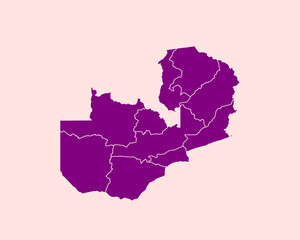 Modern Velvet Violet Color High Detailed Border Map Of Zambia, Isolated on Pink Background Vector Illustration