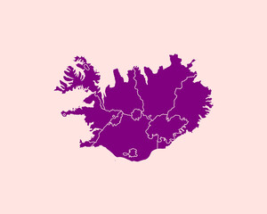 Modern Velvet Violet Color High Detailed Border Map Of Iceland, Isolated on Pink Background Vector Illustration