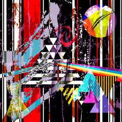 abstract background composition, with triangles, stripes, paint strokes and splashes, grungy